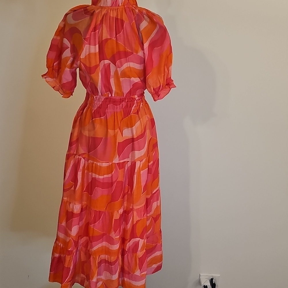 THML Smocked Waist Tiered Orange and Pink Midi Dress - Picture 4 of 6
